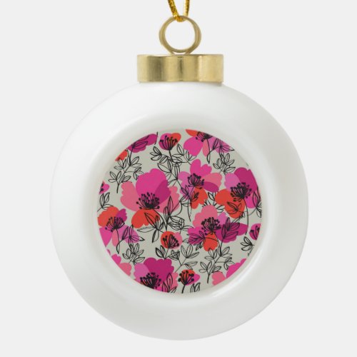Peony Floral Vintage Seamless Pattern Ceramic Ball Christmas Ornament