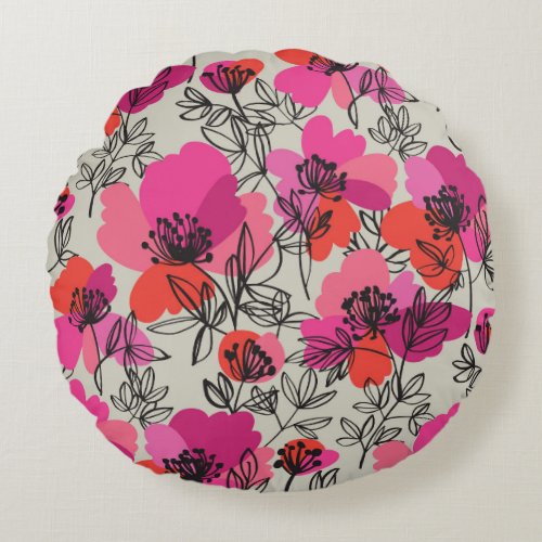 Peony Floral Vintage Seamless Pattern Round Pillow