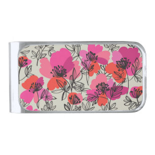 Peony Floral Vintage Seamless Pattern. Silver Finish Money Clip