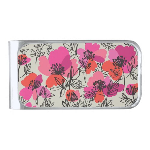 Peony Floral Vintage Seamless Pattern Silver Finish Money Clip