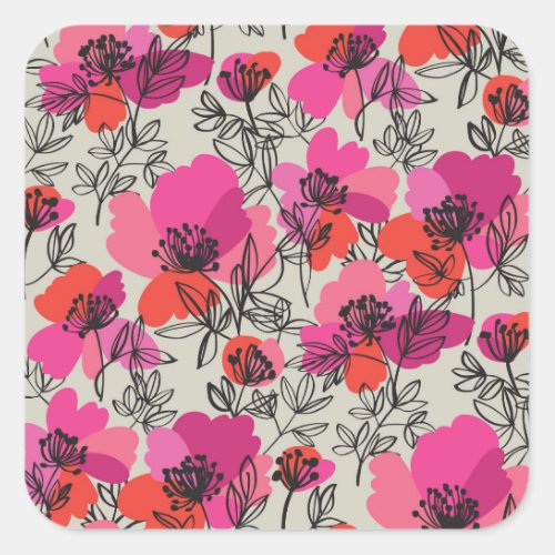 Peony Floral Vintage Seamless Pattern Square Sticker