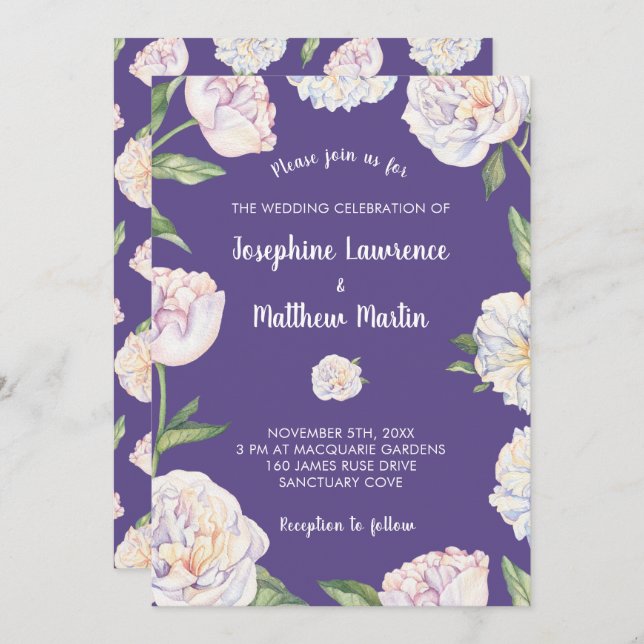 Peony Floral Violet Puple Wedding Invitations (Front/Back)