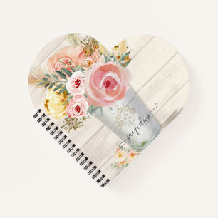 Peony Floral Watercolor Blush Boho Rustic Wood Notebook