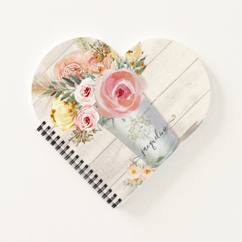 Peony Floral Watercolor Blush Boho Rustic Wood Notebook