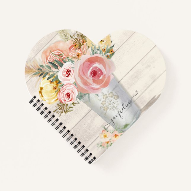 Peony Floral Watercolor Blush Boho Rustic Wood Notebook (Front)