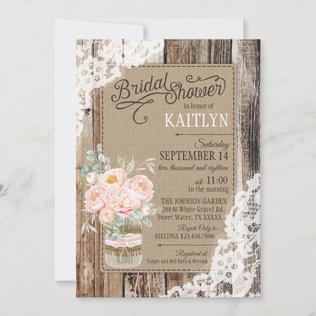 Peony Floral Wood Lace Rustic Bridal Shower Invitation (Front)