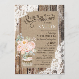 Peony Floral Wood Lace Rustic Bridal Shower Invitation