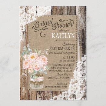 Peony Floral Wood Lace Rustic Bridal Shower Invitation by NouDesigns at Zazzle