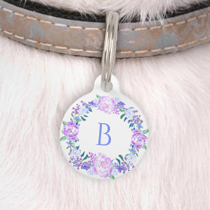 Peony Floral Wreath Pink Purple Blue Monogram Pet ID Tag