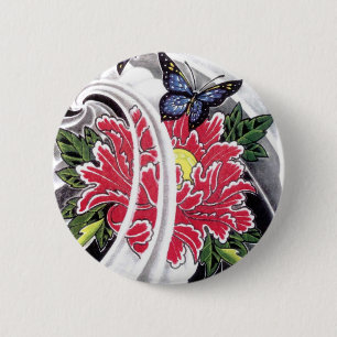 Peony Flower and Butterfly Tattoo Design Button