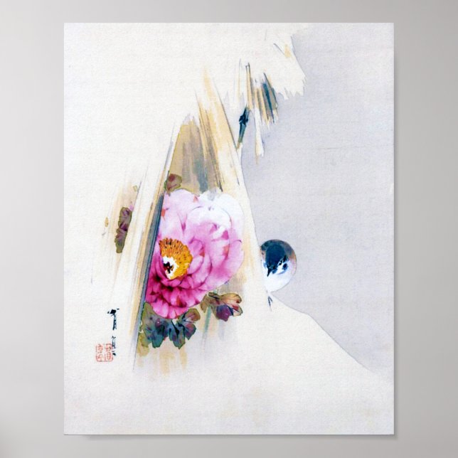 Peony Flower and Sparrow in Snow, Watanabe Seitei Poster (Front)