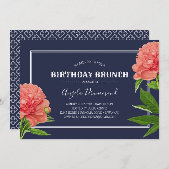 Peony Flower Birthday Brunch Blue Invitation (Front/Back)