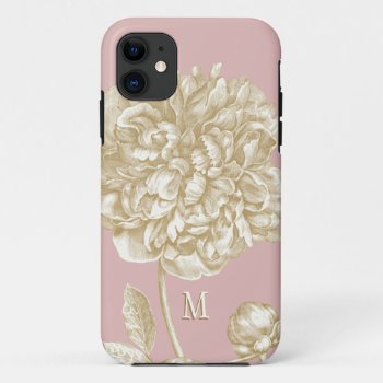 Peony Flower Botanical  Pink And Gold Monogrammed Iphone 11 Case by JoyMerrymanStore at Zazzle
