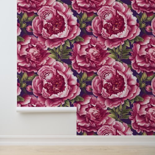Peony flower floral pink green seamless pattern wallpaper 