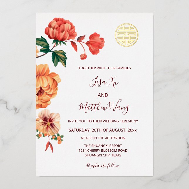 Peony Flower Gold Chinese Wedding Foil Invitation (Front)