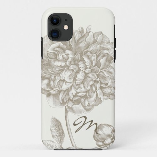 Peony Flower in Shades of White Monogrammed iPhone 11 Case