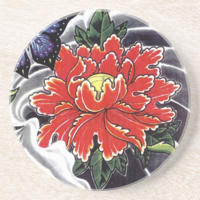 Peony Flower Japanese tattoo design Drink Coaster (Front)