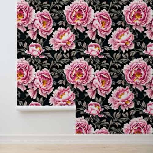 Peony flower pattern pink black gold large floral wallpaper 