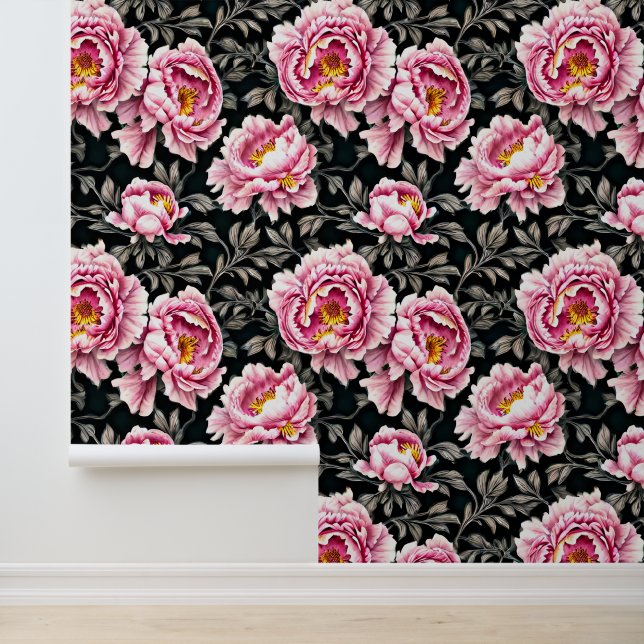 Peony flower pattern pink black gold large floral wallpaper  (Application)