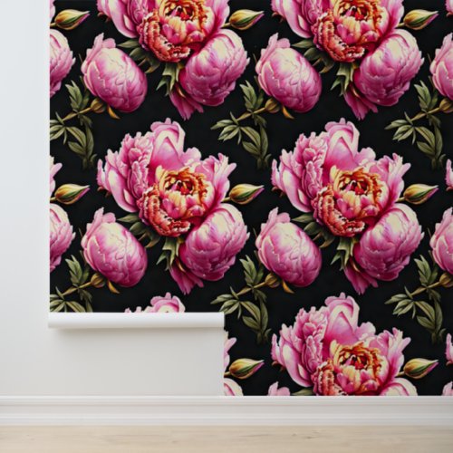 Peony flower pattern pink black green floral wallpaper 