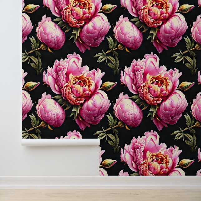 Peony flower pattern pink black green floral wallpaper  (Application)
