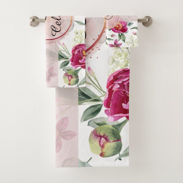Peony flower seamless pattern Throw Pillow Bath Towel Set (Insitu)