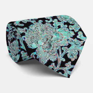 Peony flower turquoise and black neck tie