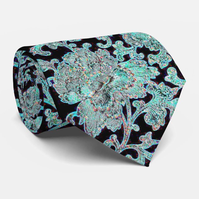 Peony flower turquoise and black neck tie (Rolled)