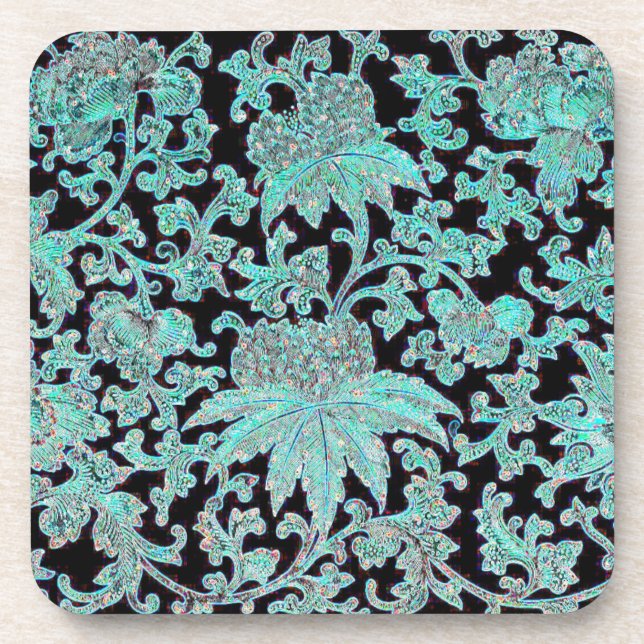 Peony flower turquoise black vintage pattern beverage coaster (Front)