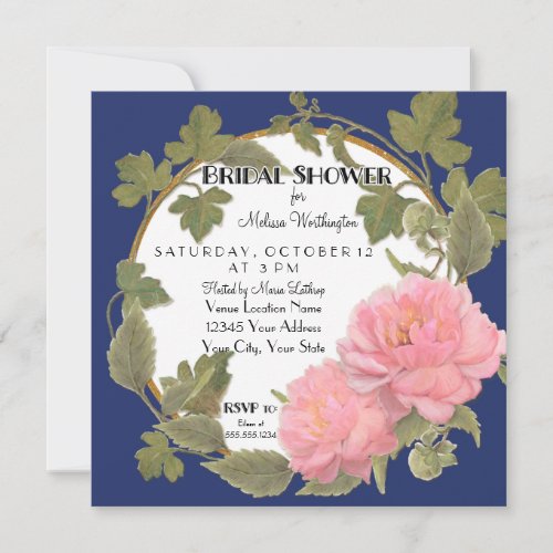 Peony Flower Wreath Bridal Shower Navy Striped Invitation