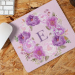 Peony Flower Wreath Watercolor Monogram Purple  Mouse Pad<br><div class="desc">This design may be personalized in the area provided by changing the photo and/or text. Or it can be customized by clicking Personalize this Template and then choosing the click to customize further option and delete or change the color of the background, add text, change the text color or style,...</div>