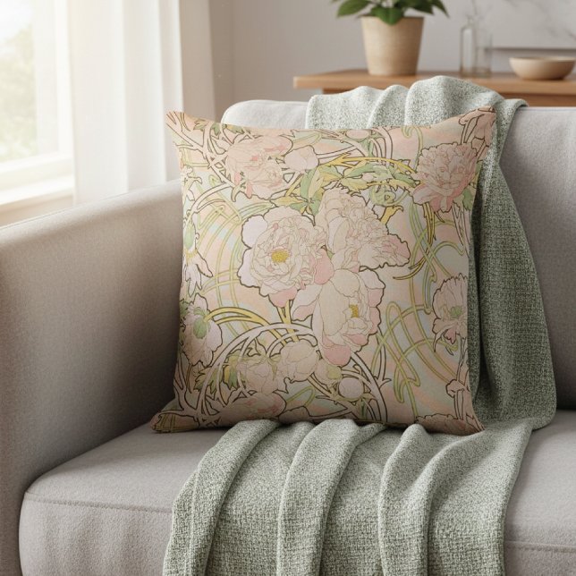 Peony Flowers Alphonse Mucha Throw Pillow (Creator Uploaded)