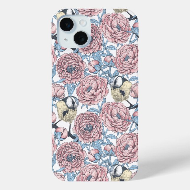 Peony flowers and birds Case-Mate iPhone case (Back)