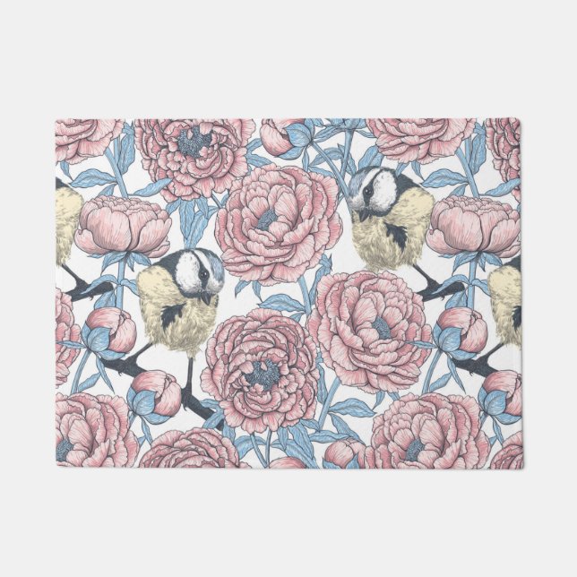 Peony flowers and birds doormat (Front)