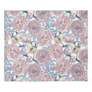 Peony flowers and birds duvet cover