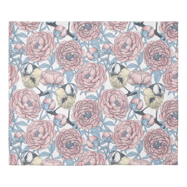 Peony flowers and birds duvet cover (Front)
