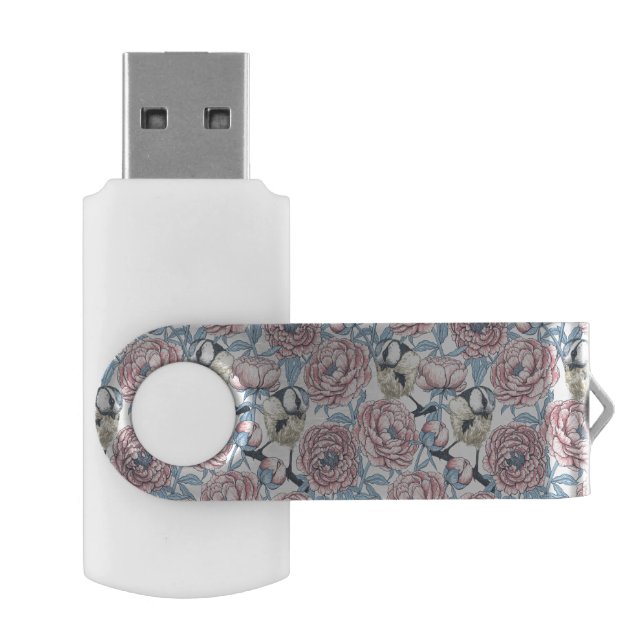 Peony flowers and birds flash drive (Opened)