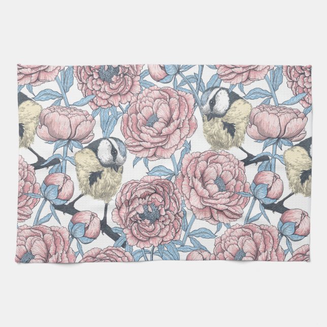 Peony flowers and birds kitchen towel (Horizontal)
