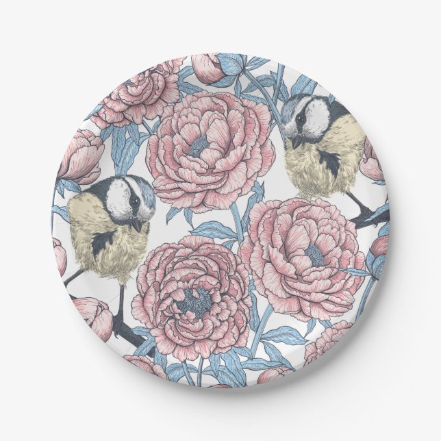 Peony flowers and birds paper plates (Front)