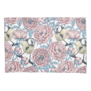 Peony flowers and birds pillow case