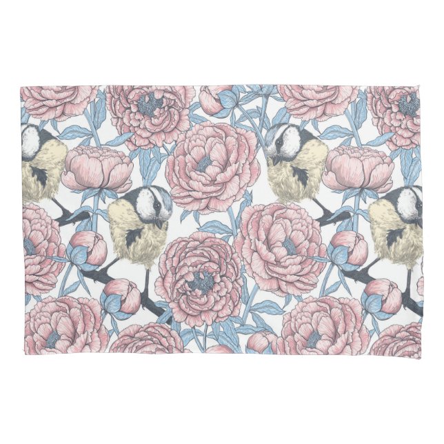 Peony flowers and birds pillow case (Front)