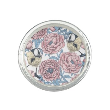 Peony Flowers And Birds Ring by PaintedAnimals at Zazzle