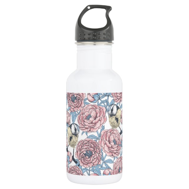 Peony flowers and birds stainless steel water bottle (Front)