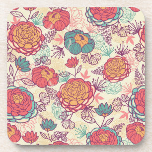 Peony flowers and leaves pattern beverage coaster