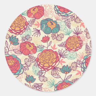 Peony flowers and leaves pattern classic round sticker