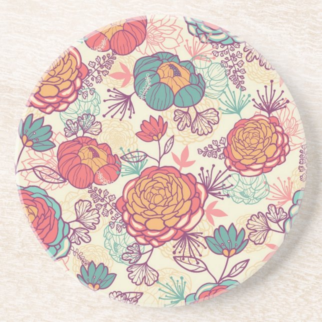 Peony flowers and leaves pattern sandstone coaster (Front)