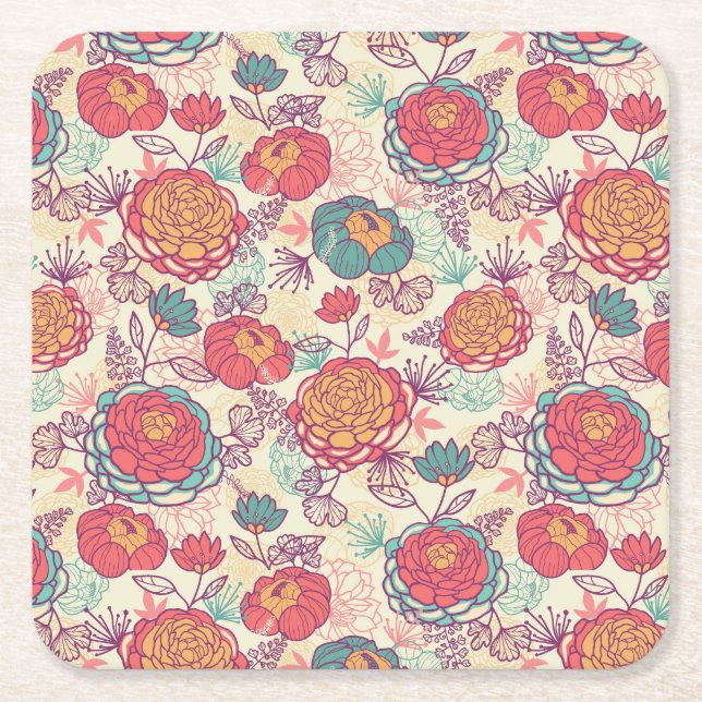 Peony flowers and leaves pattern square paper coaster (Front)