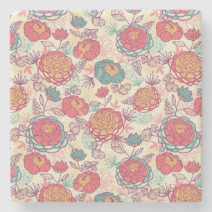Peony flowers and leaves pattern stone coaster