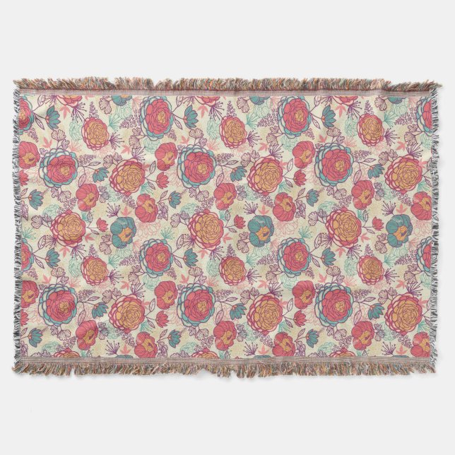 Peony flowers and leaves pattern throw blanket (Front)