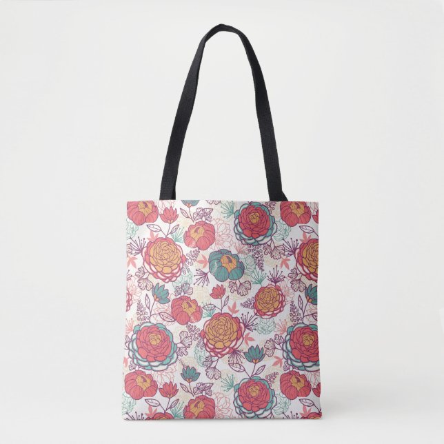 Peony flowers and leaves pattern tote bag (Front)